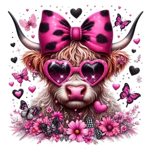 Highland Cow Dressed in Big bow, Sunglasses and Flowers Direct To Film Print, DTF Print, Ready To Press Print For T-Shirts