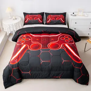 Gamer Luxury Bedding Set,Game Controller Designer Bedding Sets,Gaming Gifts Comfortable Bedding,All Season Red Bed Microfiber Comforter Set