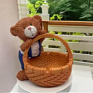 1pc Bear Basket Ornament, Desktop Key Storage, Resin Statue Art Craft, Flowerpot Balcony Decor, For Bookshelf Home Living Room Office Cafe Decor, Room Tabletop Display Entryway Decor, Winter Christmas New Year Decor Decoration Organiser 6.1*4.33*6.3Inch