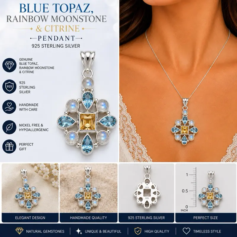 Blue Topaz, Rainbow Moonstone & Citrine Pendant | Genuine Gemstones | .925 Sterling Silver