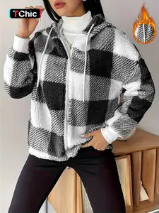 Women's Plush Warm Plaid Knit Thick Coat, Loose Casual Hooded Jacket with Drawstring Hat, Zipper Cardigan Style, Comfortable Winter Outerwear, Womenswear