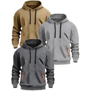 3 pieces of 220g heavy-duty men's casual fleece hooded sweatshirt, adjustable drawstring hood pocket, with kangaroo pocket and ribbed cuffs, machine washable for autumn and winter styles (smoky brown, grey brown, black)