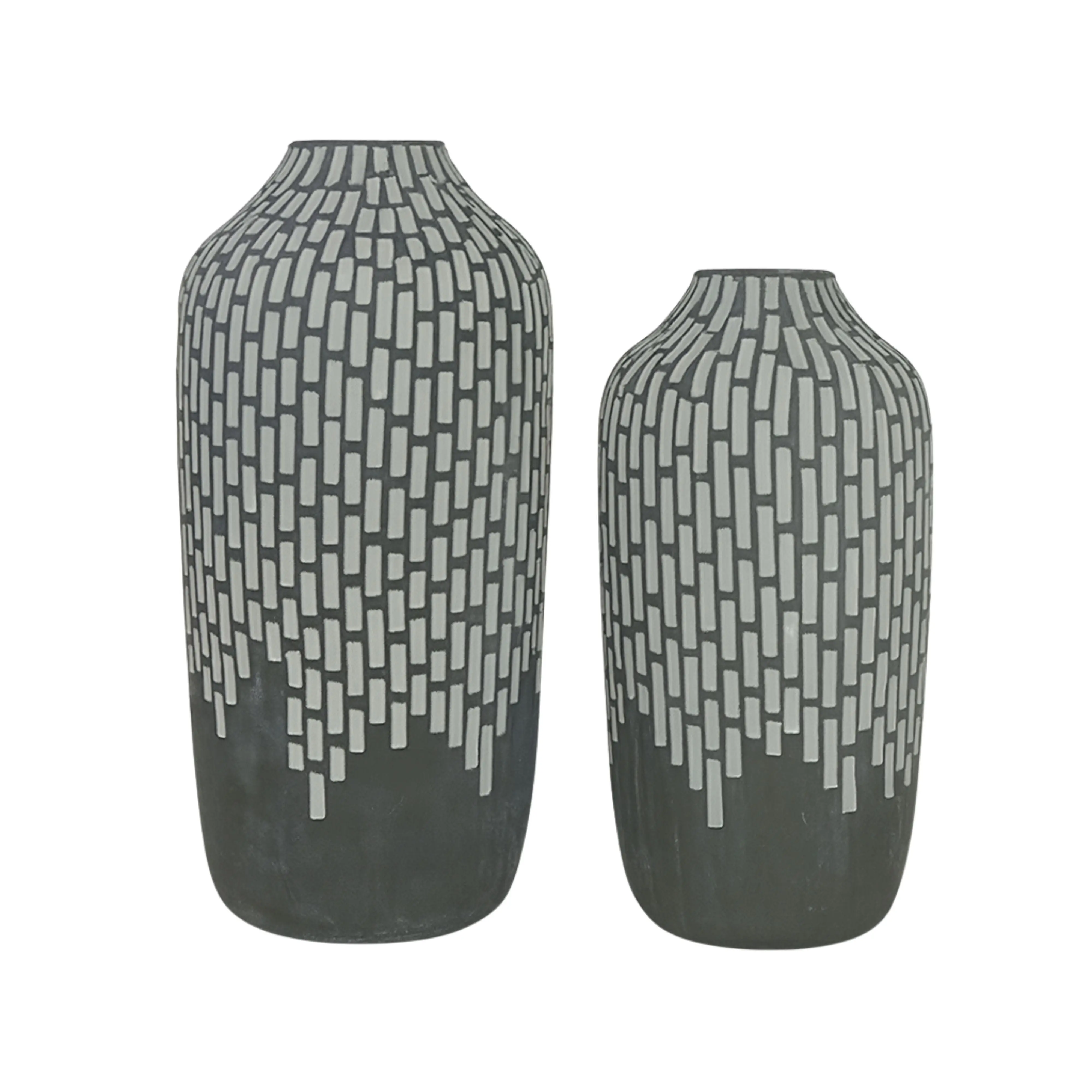 Set of 2 Oblong Ceramic Vases - Sand Or Gray With White Mosaic Design