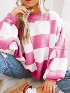Plus Size Plaid Drop Shoulder Sweater, Casual Long Sleeve Knitwear for Fall & Winter, Loose-Fitting Round Neck Pullover for Women, Knitwear Tops