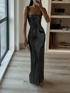 Women Sequin Bodycon Maxi Dress Square Neck Sleeveless Formal Gown Slim Fit Party Dress Formal Wear Elegant Evening Dress Prom Wedding Guest Birthday Cocktail Holiday Outfit Sparkly Long Dress Sexy Night Out Fashion