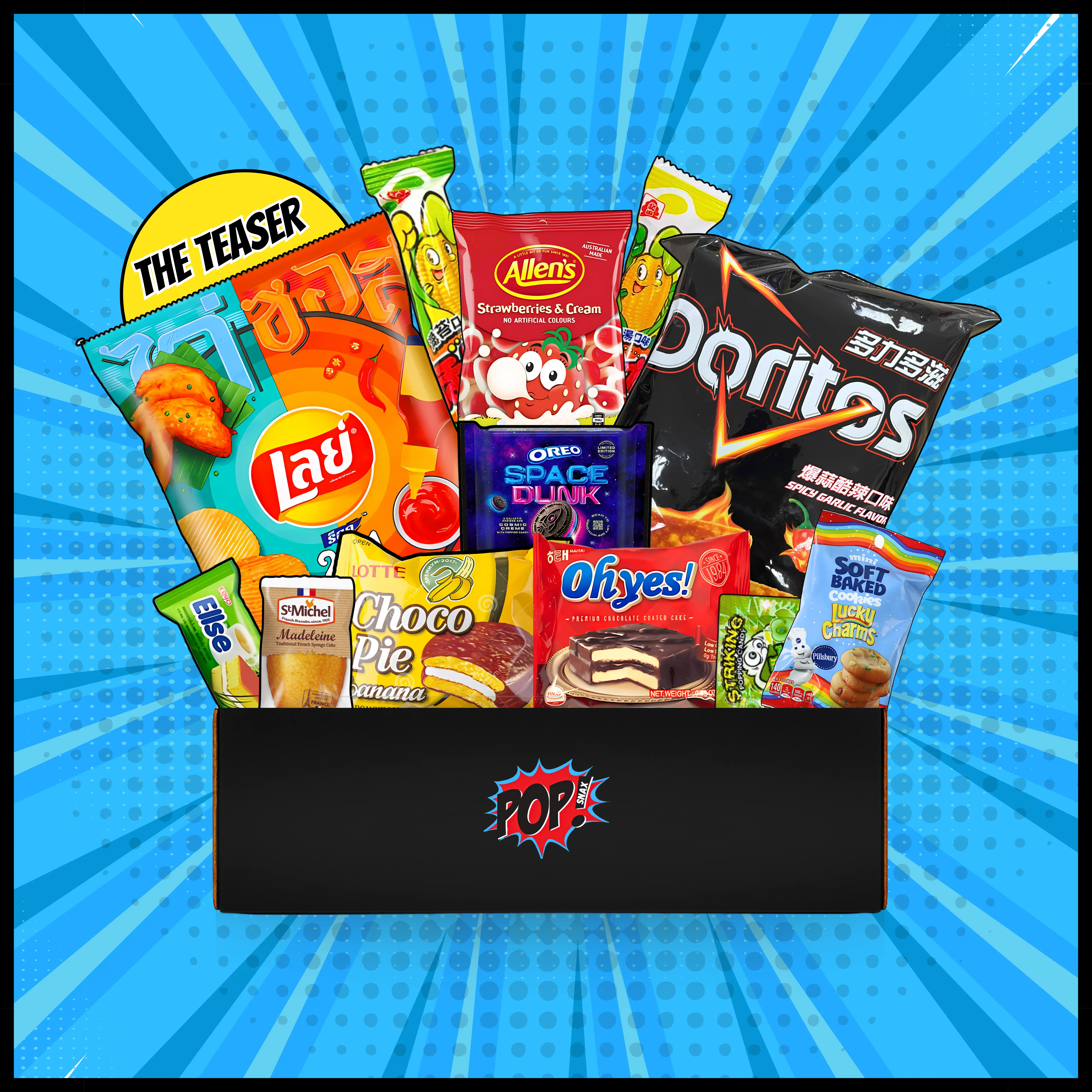 The Teaser | Premium Mystery Snack Box | 12 Count | 1LB Snack Box Multipack | International Box, Asian & Japanese Snacks | Snack Gift Basket with Chips, Drink, Candy & Cookies | Sweet Care Package for College Students