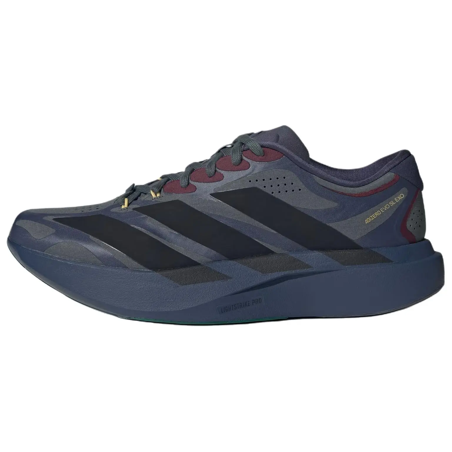 Men's adidas Adizero Evo SL EXO 'Collegiate Navy Core Black Pyrite' Running Shoes, Lightweight Breathable Mesh, Responsive Cushion, Speedwork/Daily Miles Use, Small Fit, US Men's Sizes 7-12 (Includes US M 10)