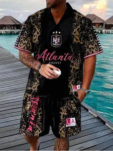 Two-Piece Set Men's Leopard Print Short Sleeve Polo Shirt & Shorts, Regular Fit Casual Fashion Cozy Breathable for Daily Outdoor Wear, Men Clothes for Summer