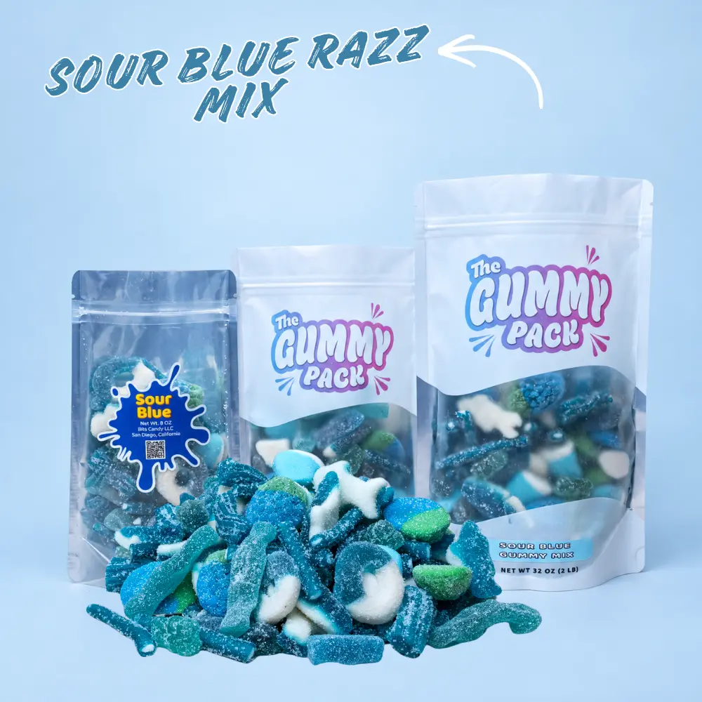 Sour Blue Razz Variety Gummy Mix | 3 Sizes | Blue Raspberry Bears, Blue Raspberry Rings, Blue Cream Bites, Jelly Filled Raspberries | Sour Blue Raspberry Flavor in Every Bite | Chewy, Soft, & Sour | Candy Snack | Top Gift Idea | Mix & Match