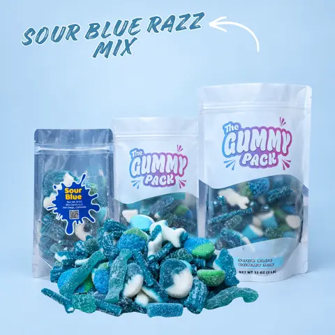 Sour Blue Razz Variety Gummy Mix - 3 Sizes, Tangy Gooey Gummies (Bears, Rings, Cream Bites, Jelly Filled Raspberries, Sharks), Cola Taste, Freshness Guaranteed, Chewy Snacks, Top Gift Idea, Mix & Match