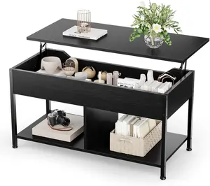 Lift Top Coffee Table ，With Hidden Storage And Open Shelves, 39 Inch Farmhouse Design With Scratch Resistant Surface, Sturdy Wood Particleboard Frame, Converts To Desk For Small Space Living Room