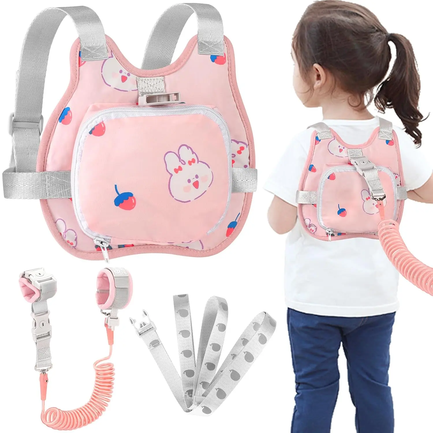 Toddler Harness Leash + Anti Lost Wrist Link,  Toddler Leash-Baby Walking Safty Harness for Kids Walking Wristband Assistant Strap Belt for Girl (Pink)