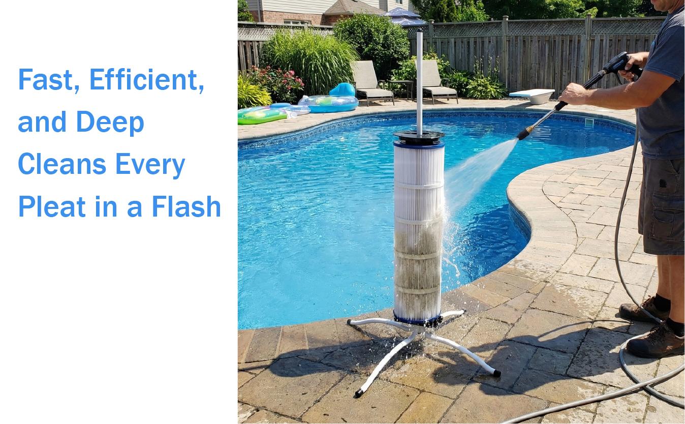 360° Rotating Pool Filter Stand - No-Bending Standing Cleaning, 5-Min Fast Deep Cleaning, Fits Most Cartridge Filters, Camping Essential