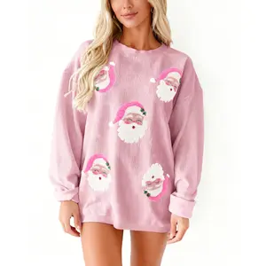 Santa Claus Sequin Embroidered Loose Casual Long Sleeve Sweatshirt Christmas Round Neck Mid-Length Off-white Pink Sweater