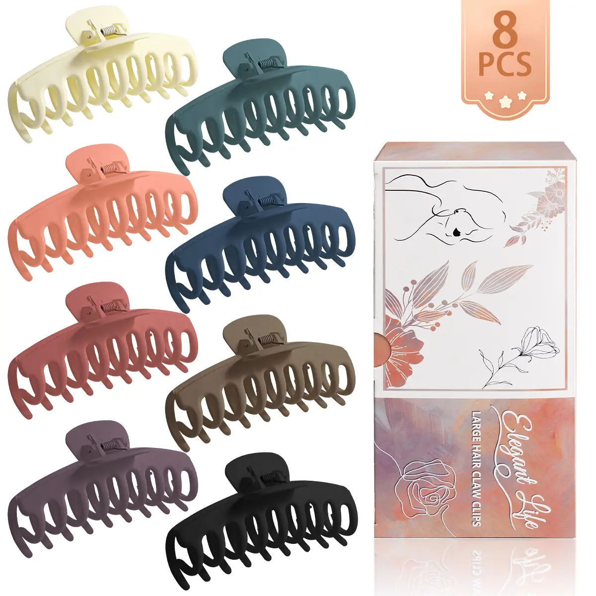 8 Pcs Large Hair Claw Clips Set in 8 Assorted Matte Colors, Strong Hold Accessories for Thick & Thin Hair, Daily Styling Kit with Elegant Copper Paper Gift Box, Hair Clip Set