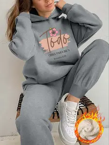 Women's Casual Hoodie Set, Thick Fleece Lined, Knitted, Letter & Floral Print, Loose Fit, Fall Winter, 2 Piece Pack, Womenswear