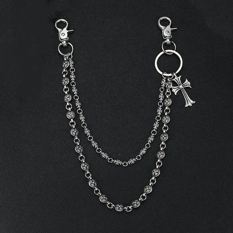 Dark Gothic Double Layer Cross Pendant Pants Chain Men Vintage Beaded Metal Jean Wallet Chain Bag Charm