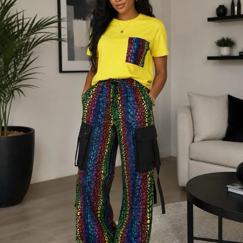 Women’s African Print 2-Piece Wide Leg Pants Set | High Waist Matching Outfit two Colorful Two-Piece Cozy