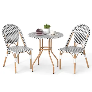 COSTWAY - 3 Piece French Bistro Table Chair Set with Outdoor Wicker Round Table and 2 Dining Chairs