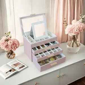 BOOVO 4-Layer Jewelry Box with Clear Window & Mirror, PU Leather Jewelry Organizer with Necklace Hooks, Visible Jewelry Storage Case for Women, Stylish Bedroom Decor Gift