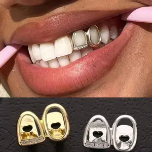 1pc Copper silver Double Cubic Zirconia Stone Women's Dental sinners Grillz 18K Golden silvery color Plated Hollow Teeth brace american Hip hop street style grill sets cap Jewelry casual decoration Punk Style For Music Festival Hallowe day collar necklace