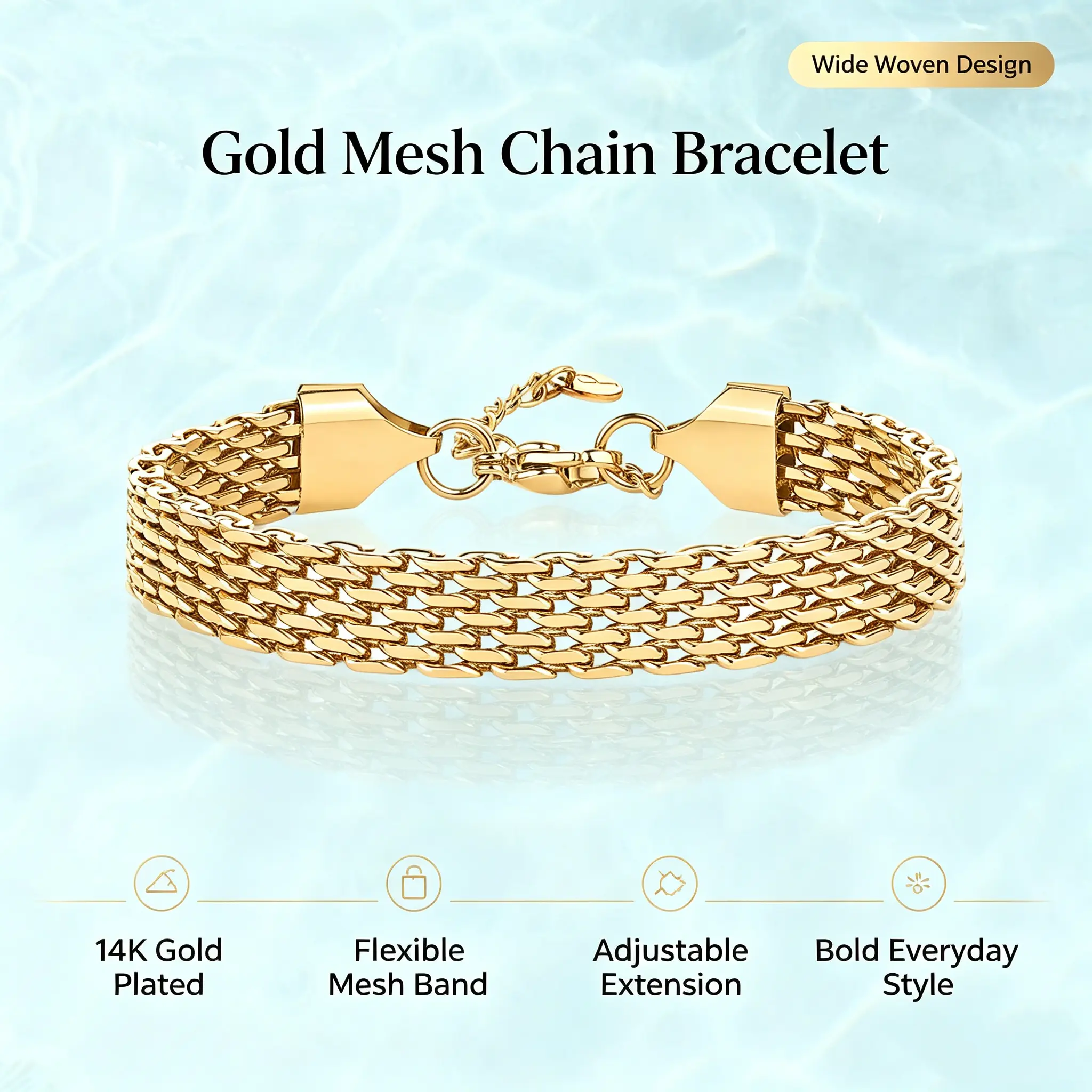 Waterproof Chunky Chain Bracelet for Women - 14K Gold Plated Trendy Adjustable Chain Bracelet - Lightweight Stainless Steel Jewelry