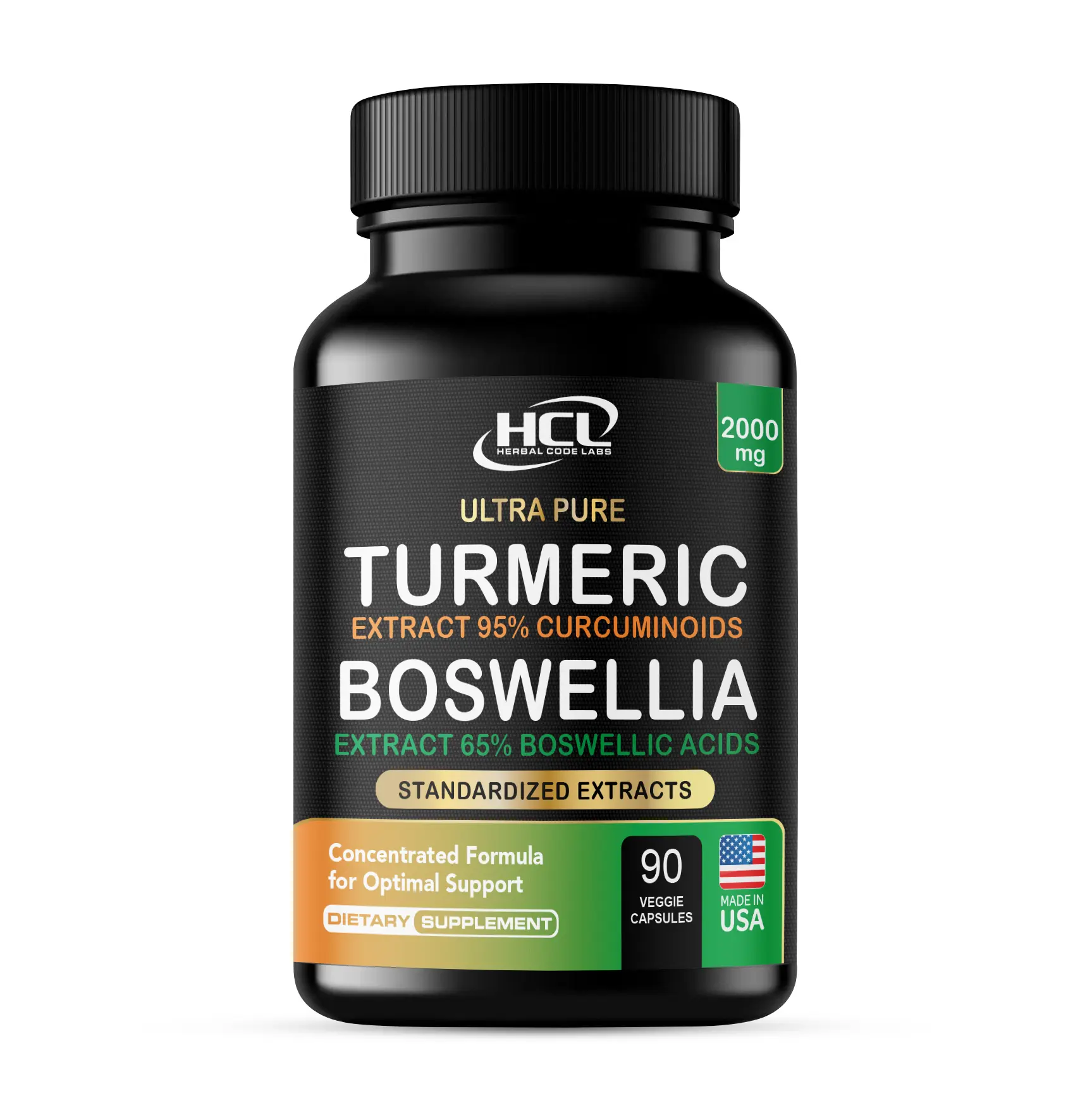 HCL Ultra Pure Turmeric Boswellia Extract 95% Curcuminoids 65% Boswellic Acids 2000mg 90 Veggie Capsules for Joint Comfort & Flexibility