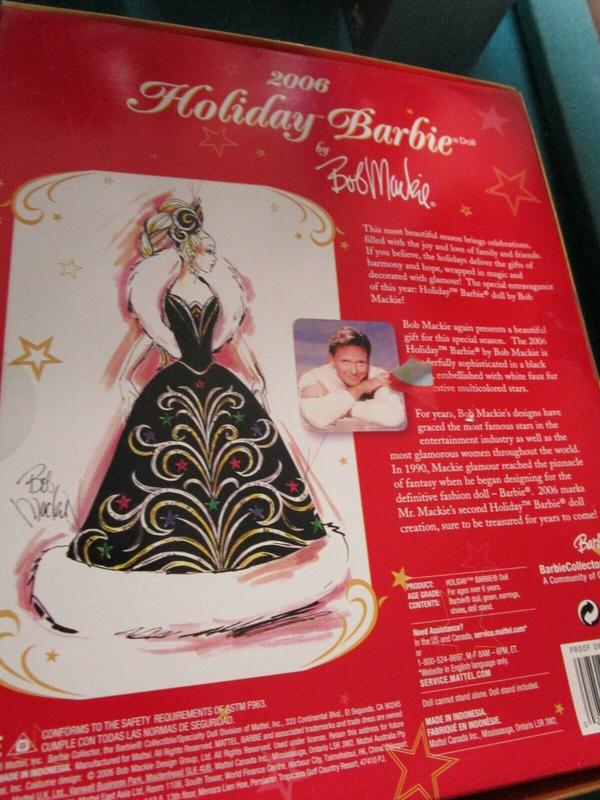 Bob Mackie 2006 Holiday Barbie Doll - New Collectible Toy with Black Gown Gold Star Designs & White Fur Collar