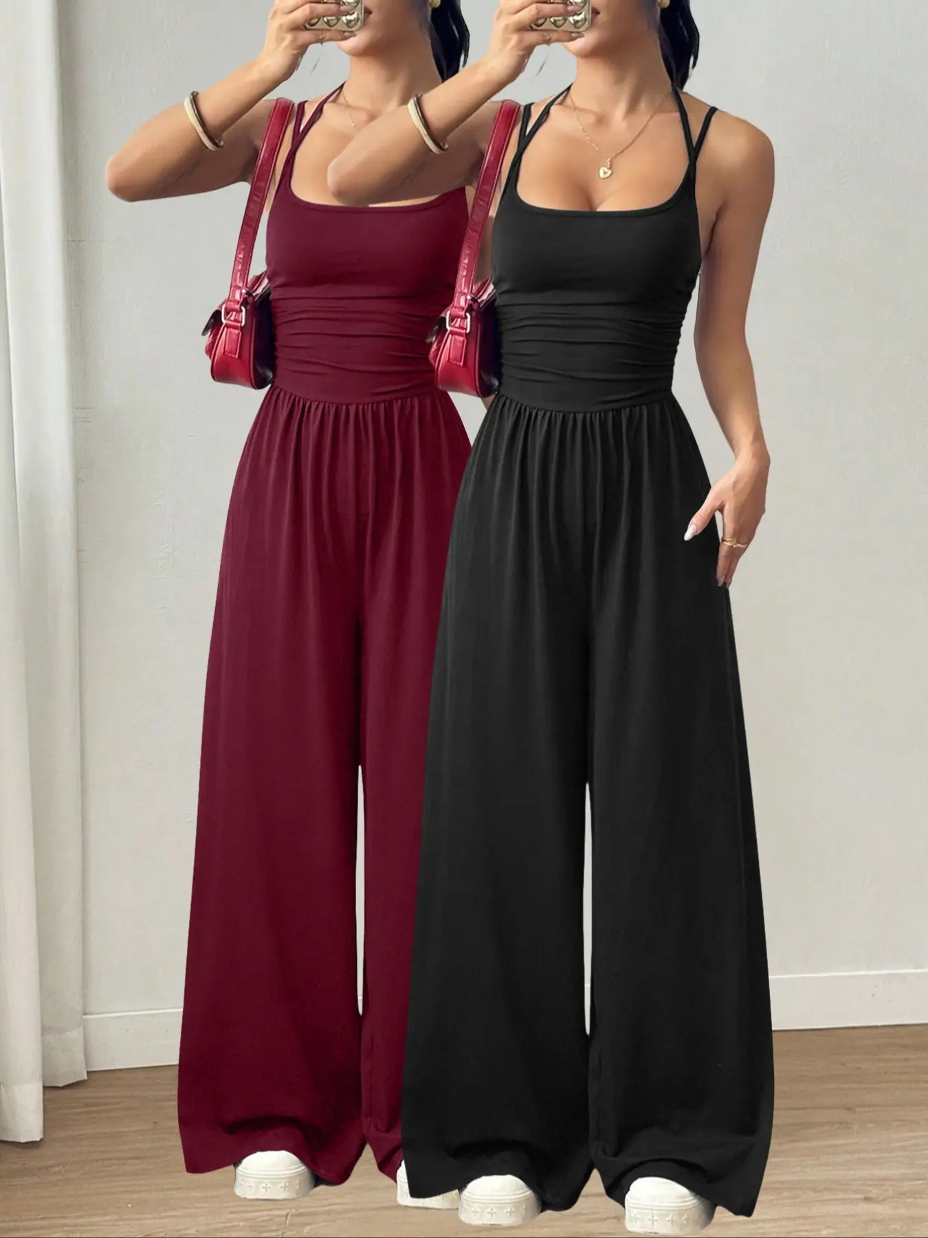 2 Pcs Women's Spring Summer Casual Jumpsuits, Overalls, Adjustable Shoulder Straps, Ruched Design, Loose Straight-Leg Style, Soft & Versatile Jumpsuit Set, Slimming Waist & Figure-Flattering Cut, Perfect for Daily Commute, Shopping and Dating, Piece