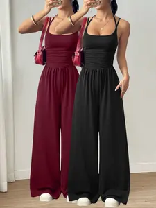 2 Pcs Women's Spring Summer Casual Jumpsuits, Overalls, Adjustable Shoulder Straps, Ruched Design, Loose Straight-Leg Style, Soft & Versatile Jumpsuit Set, Slimming Waist & Figure-Flattering Cut, Perfect for Daily Commute, Shopping and Dating