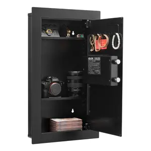 VEVOR Wall Safe, 3-Tier Hidden Wall Mounted Safe with Password Key, Q235 Cold-Rolled Steel In-Wall Box with LED Lighting, 2 Adjustable Shelves 5 Key Holders for Money, Jewelry, Passport, Black