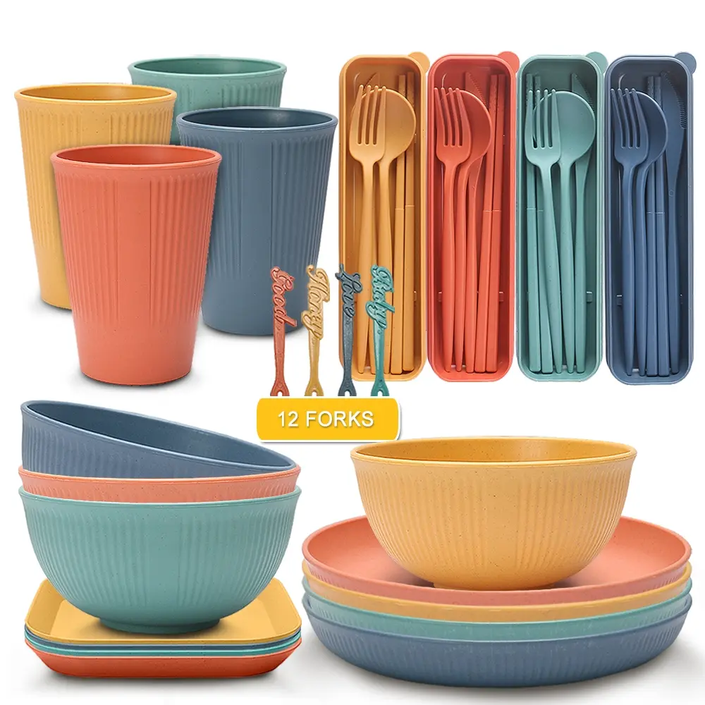 48 pcs reusable wheat cutlery set, Utensil set, Tableware, microwave and dishwasher safe, BPA free, perfect for family gatherings and picnics, knife, fork, spoon, chopstick storage box, portable and lightweight travel plastic cutlery set