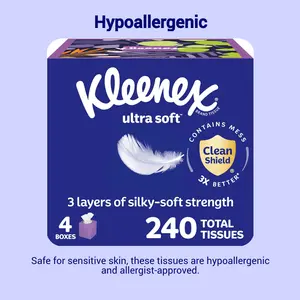 Kleenex Ultra Soft Facial Tissues 4 Cube Boxes 60 Tissues per Box 3-Ply 240 Total Hypoallergenic Allergist Approved Clean Shield Technology Napkin Toilet
