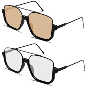 2 Pcs 70s Aviator Sunglasses – Oversized Square Double Bridge, Retro Pilot Glasses for Men & Women – Summer Beach Essential