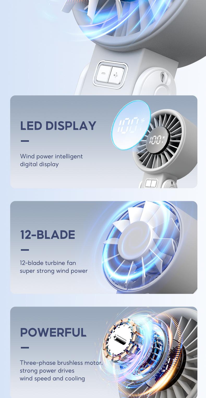Yodevoe portable handheld turbine fan, 100 wind speed settings, USB rechargeable mini fan, with adjustable lanyard, suitable for outdoor travel, a gift for both men and women.