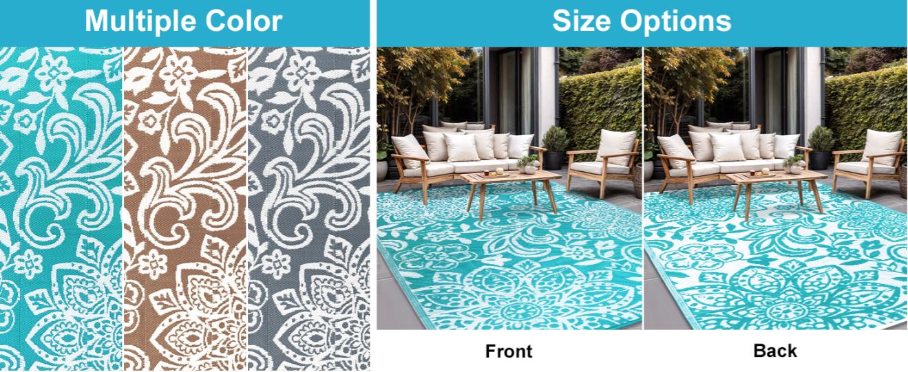 LOKHOM Outdoor Plastic Straw Rug Reversible Waterproof Rug 9x12 with Heat Insulation for Camping, RV, Balcony, Patio, Beach and Outdoor Furniture