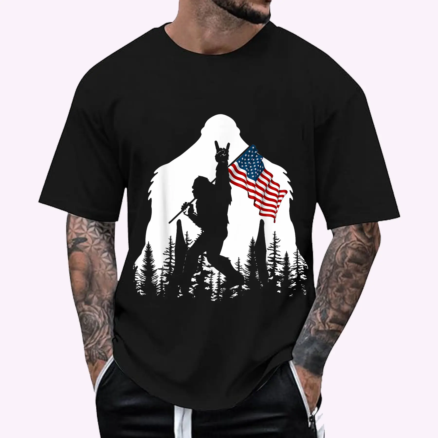 Bigfoot Rock On Hold American Flag Sasquatch Believers T-Shirt, Cotton Crewneck Top- Menswear
