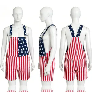 American Flag Overalls Shorts Romper for Men Women, Stretch Denim Bib Shorts with Adjustable Shoulder Straps and Soft Fabric, USA 250th Birthday Outfit for World Cup