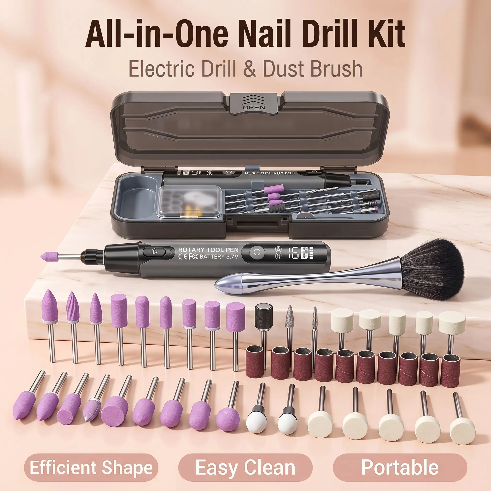 Electric Nail File, Rechargeable, Nail Polisher, Comes with 12 filing heads, 8 sanding discs, and a nail brush; High-speed, suitable for salons and home use; Great gift for women
