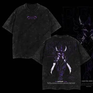 Shadow Soldiers Solo Leveling Vintage Washed T-Shirt - Igris, Iron, Tank & Beru Double Printed Graphic Tee, Unisex Oversized Acid Wash Streetwear Top