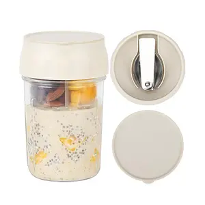 16oz Overnight Oats Containerswith Lids Folding Spoons & DividedCompartments for Fruit Nuts SmallGlass Mason Jars for Oatmeal YogurtParfait Portable Kitchen Utensils FoodStorage Organizer Airtight LeakproofReusable