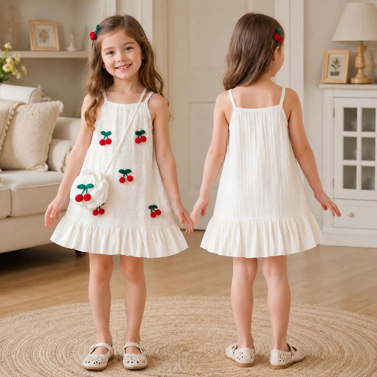 Girls 3D Cherry Pom Pom Eyelet Lace Dress with Matching Bag | Cute White Summer Sundress for 4-7 Years | Little Girl Boutique Party & Play Outfit