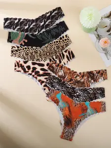 Women's Leopard & Plant Print Thong Panties, Comfortable Seamless One-Piece V-Shape Waistband, Wave Edge Design, All Seasons Wear, Lightweight, Underwear