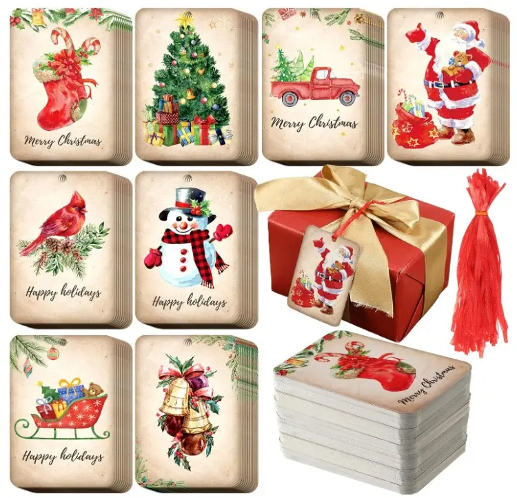 120 Pack Vintage Christmas Tags with Red Ribbon Paper Gift Tags Stocking Truck Brown Tags for Christmas Gift Wrapping Home Decor Holiday Arts and Crafts Decorations Supplies (Classic Style)