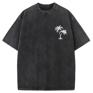 Heavy 230g Pure Cotton Oversized Drop Shoulder T-shirt, Coconut Tree Print Washed Tee, Retro Street Loose Fit Unisex Top, over aized