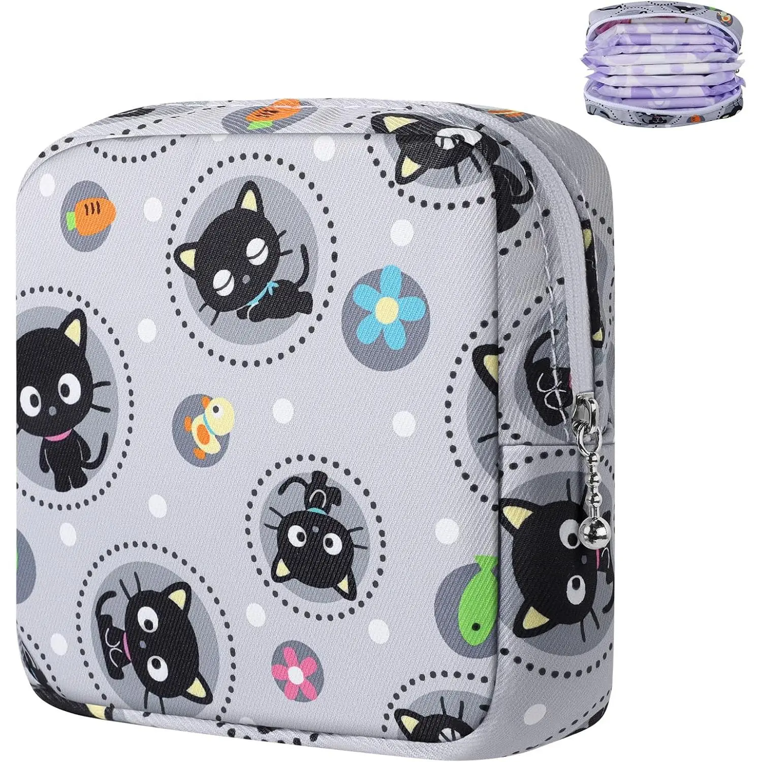 Adorable Gray Cat Print Waterproof Space-Saving Bag - Compact Reusable Zippered Period Pouch for Teen Girls, Fits 8-10 Pads/Tampons, Home Supplies Organizer, Travel Storage Solution