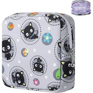 🐱 Gray Cat Canvas Period Pouch| Portable Sanitary Pad/Tampon Bag for Girls & Women✨ Travel Storage Organizational Zipper Storage