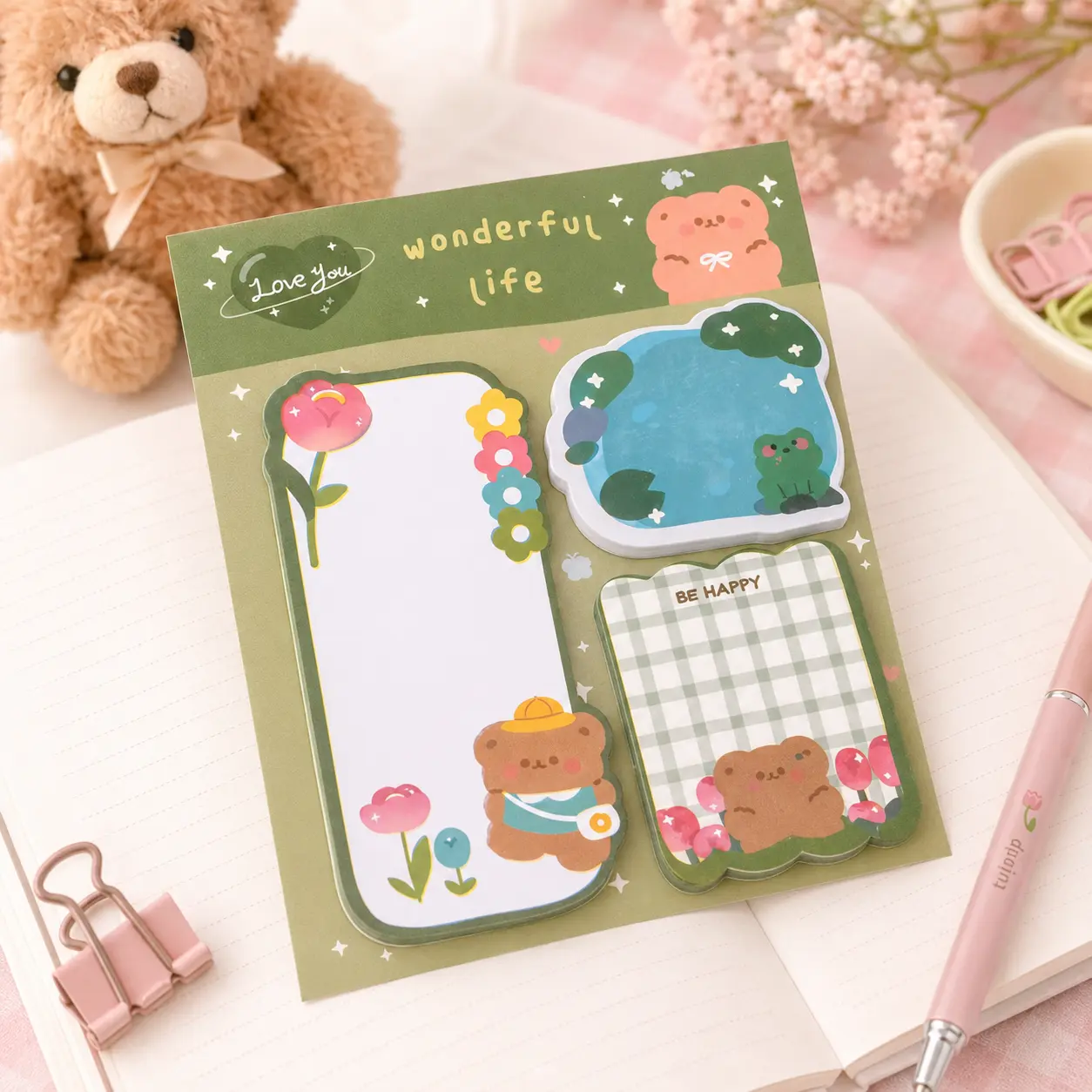 Soft Pastel Kawaii Bear-Frog Sticky Notes Set - Pastels Office Desk Stationery for Organization, Reminders, Planner Journaling, Gift-Ready Lightweight Supplies