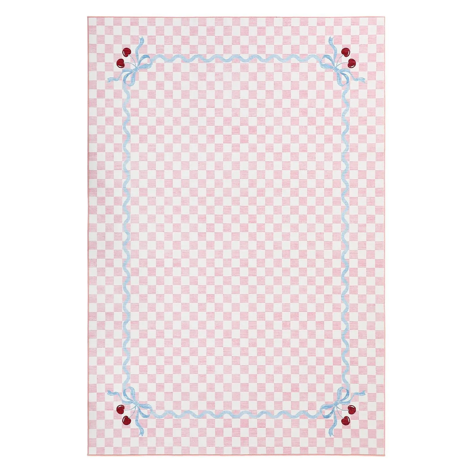 5x7 Ft Blush Pink Checkered Coquette Area Rug, Faux Wool Machine Washable Non‑Slip TPR Backing Low‑Pile Carpet, Cherry Wavy Ribbon Cottagecore Decor Rug for Bedroom Nursery Dorm Playroom Home Decor