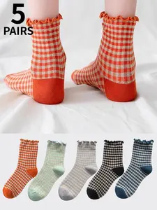 5 pairs of retro Vintage checkered Gingham mid-calf socks and cute colorful checkered lace socks are perfect for women's daily sports and casual wear